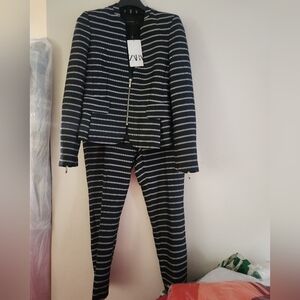 Zara Set Zw Collection Jacket Sz S + Pants SZ L Striped Navy Blue Beige NWT